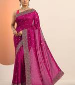 magenta embellished embroidered silk blend heavy work saree