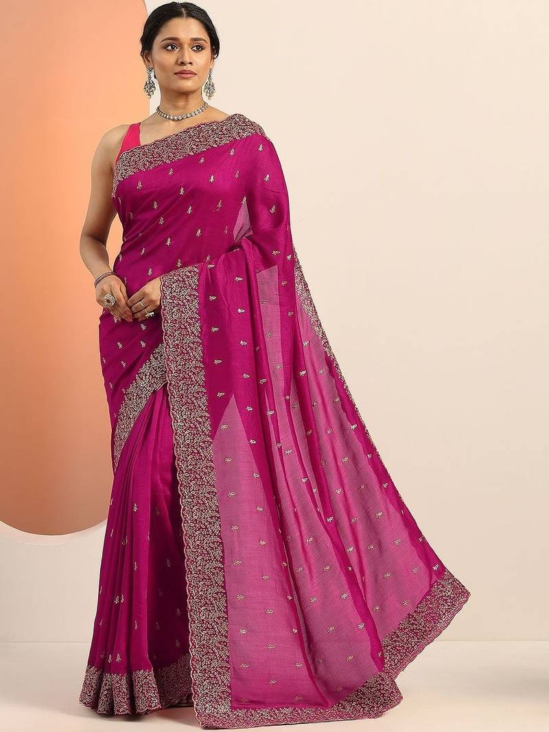 magenta embellished embroidered silk blend heavy work saree