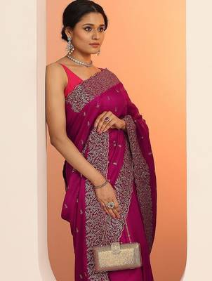 magenta embellished embroidered silk blend heavy work saree 3