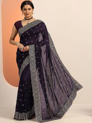 purple embroidered saree with unstitched blouse piece 1