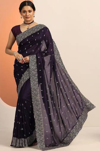 purple embroidered saree with unstitched blouse piece
