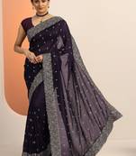 purple embroidered saree with unstitched blouse piece
