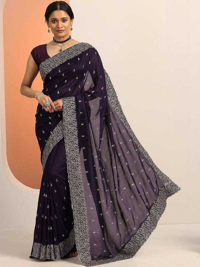 purple embroidered saree with unstitched blouse piece