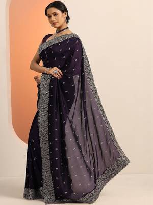 purple embroidered saree with unstitched blouse piece 2