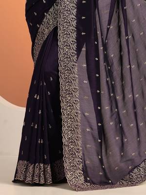 purple embroidered saree with unstitched blouse piece 4