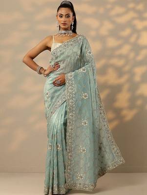 sea green embroidered organza saree with unstitched blouse piece 1