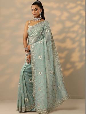 sea green embroidered organza saree with unstitched blouse piece 4