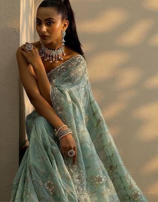 sea green embroidered organza saree with unstitched blouse piece 5