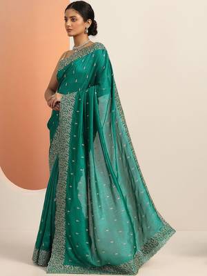 teal embroidered saree with unstitched blouse piece 2