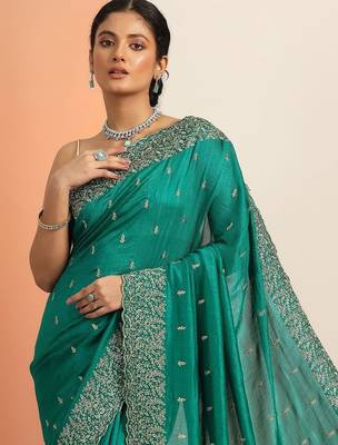 teal embroidered saree with unstitched blouse piece 4