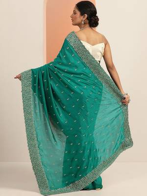 teal embroidered saree with unstitched blouse piece 5