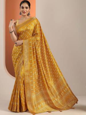 yellow printed saree with unstitched blouse piece 1