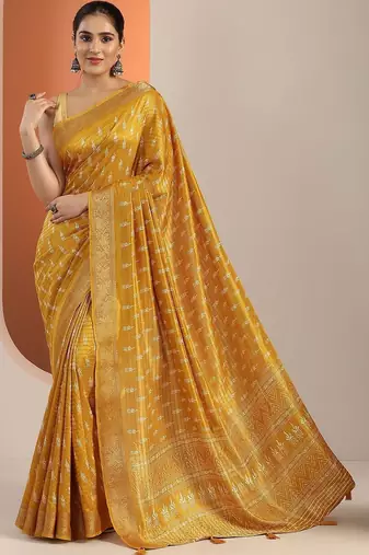 yellow printed saree with unstitched blouse piece