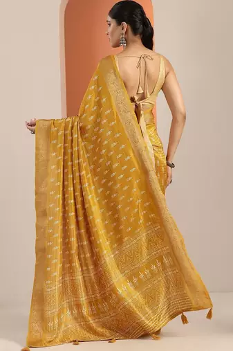 yellow printed saree with unstitched blouse piece