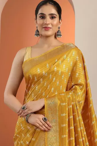 yellow printed saree with unstitched blouse piece