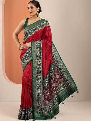 red embellished saree with unstitched blouse piece 1