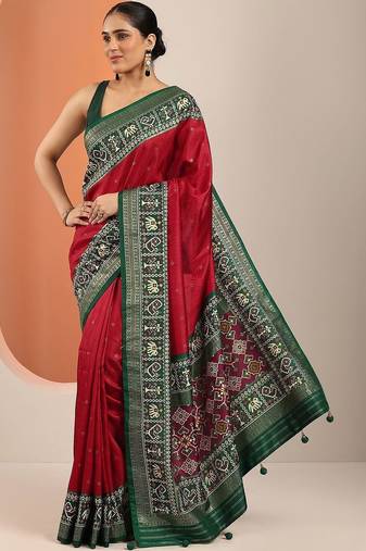 red embellished saree with unstitched blouse piece