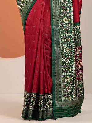 red embellished saree with unstitched blouse piece 2