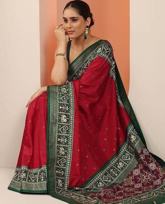 red embellished saree with unstitched blouse piece 3