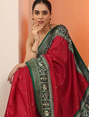red embellished saree with unstitched blouse piece 5