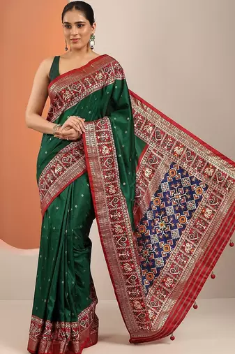 green ethnic motifs woven design saree with unstitched blouse piece