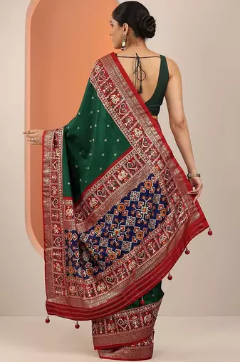 green ethnic motifs woven design saree with unstitched blouse piece