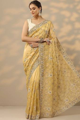 yellow embroidered organza saree with unstitched blouse piece