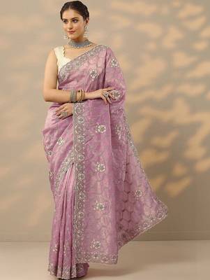lavender embroidered organza saree with unstitched blouse piece 1