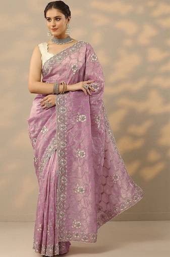 lavender embroidered organza saree with unstitched blouse piece