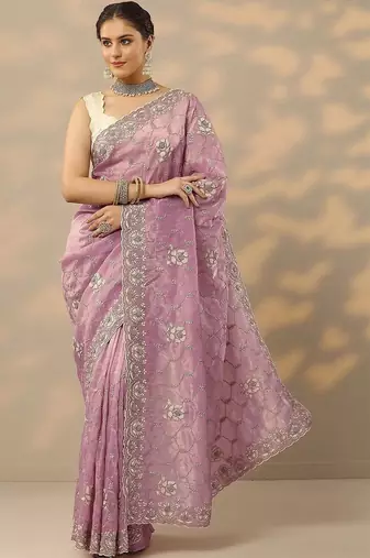 lavender embroidered organza saree with unstitched blouse piece