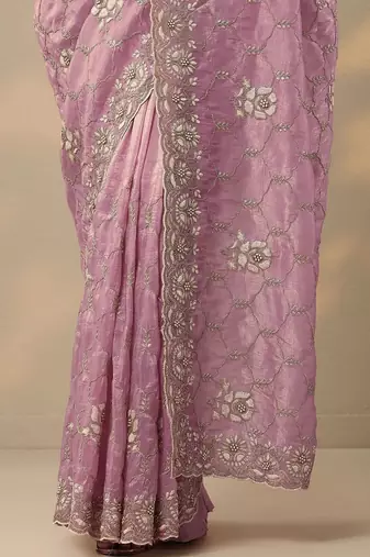 lavender embroidered organza saree with unstitched blouse piece