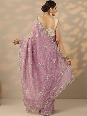 lavender embroidered organza saree with unstitched blouse piece 3
