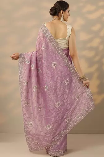 lavender embroidered organza saree with unstitched blouse piece