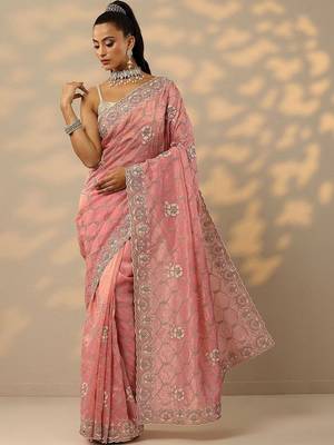 pink embroidered organza saree with unstitched blouse piece 1