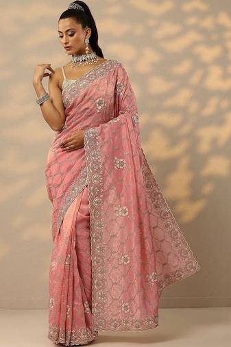 pink embroidered organza saree with unstitched blouse piece
