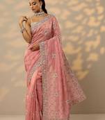 pink embroidered organza saree with unstitched blouse piece
