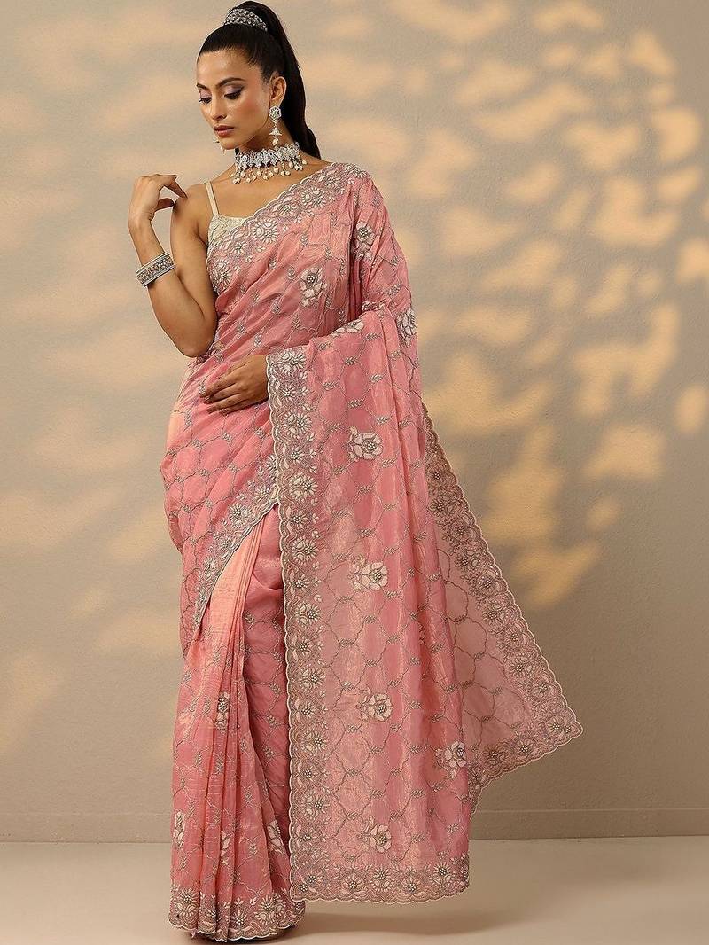 pink embroidered organza saree with unstitched blouse piece