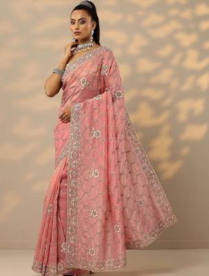 pink embroidered organza saree with unstitched blouse piece 2