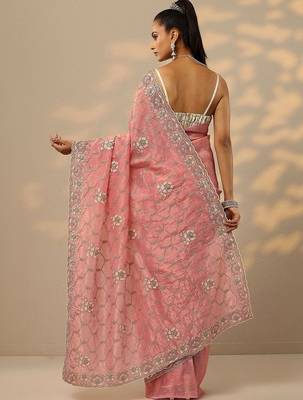 pink embroidered organza saree with unstitched blouse piece 3