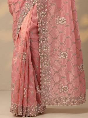 pink embroidered organza saree with unstitched blouse piece 4