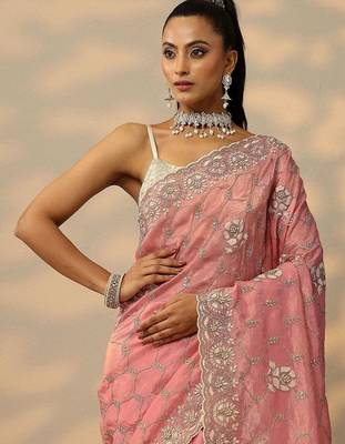 pink embroidered organza saree with unstitched blouse piece 5