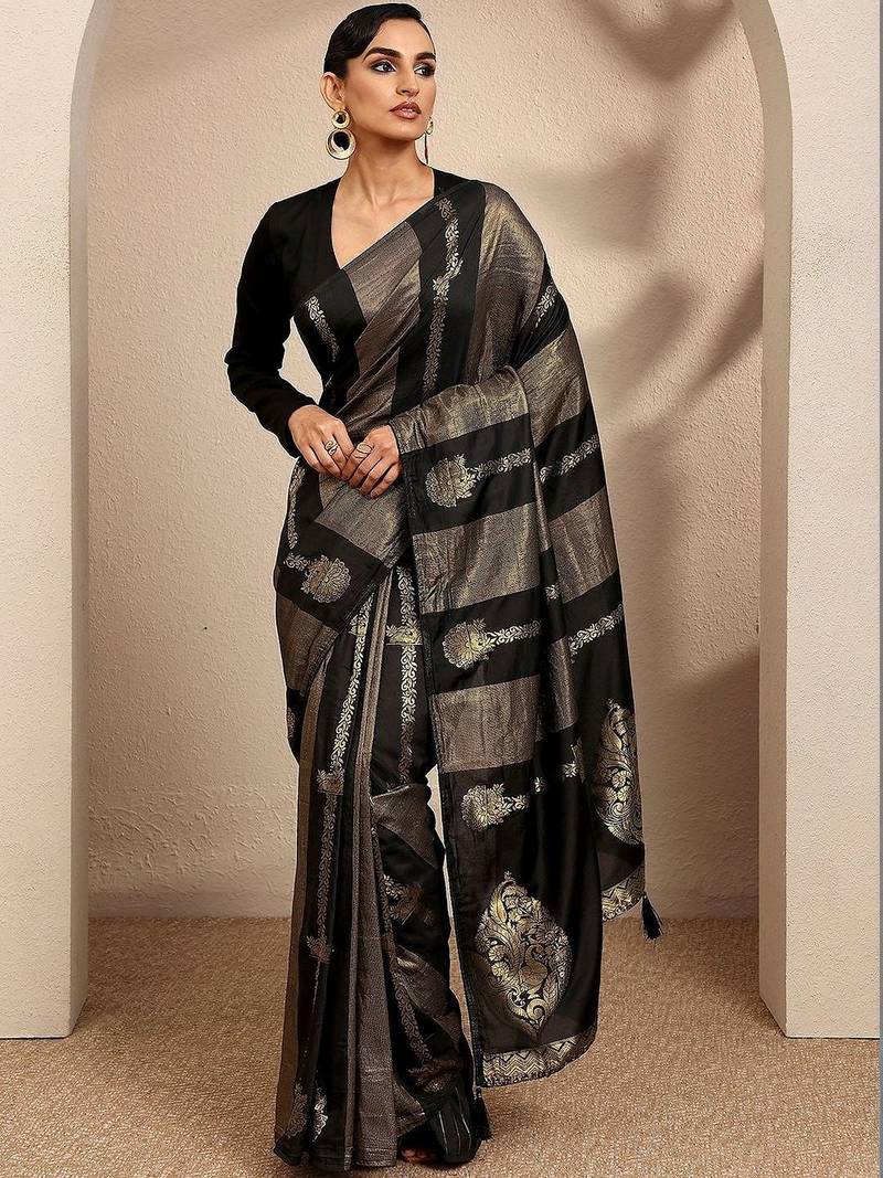 black woven design banarsi saree with unstitched blouse piece