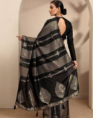 black woven design banarsi saree with unstitched blouse piece 3