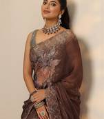 brown printed organza saree with unstitched blouse piece