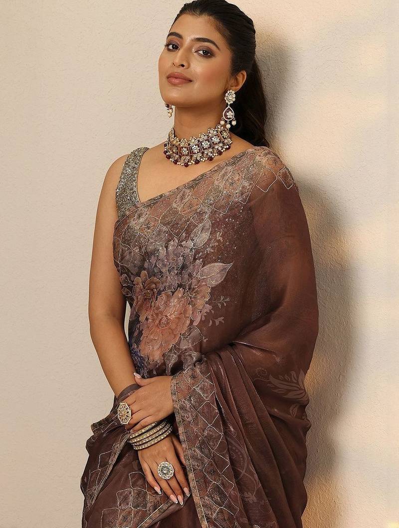 brown printed organza saree with unstitched blouse piece