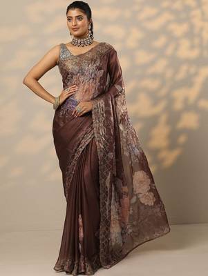 brown printed organza saree with unstitched blouse piece 2