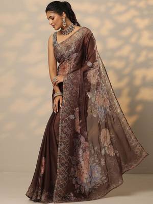 brown printed organza saree with unstitched blouse piece 3