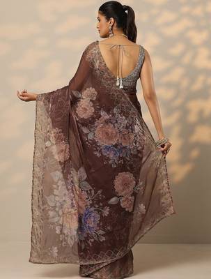 brown printed organza saree with unstitched blouse piece 4