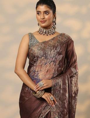 brown printed organza saree with unstitched blouse piece 5