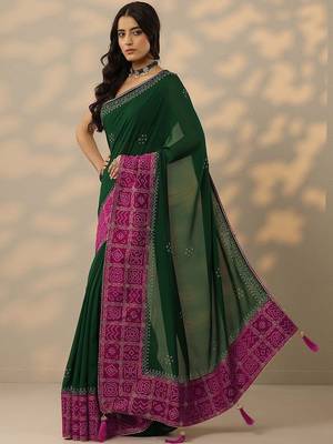 green printed chinon saree with unstitched blouse piece 3